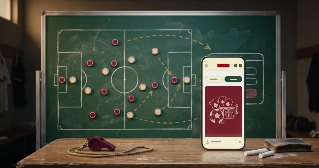 Betelli mobil giriş ekranını gösteren telefon, arkada taktik tahtasında futbol dizilişi